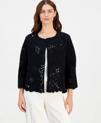 Anne Klein Women's Cotton Scalloped-hem Cardigan In Anne Black