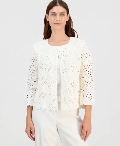 Anne Klein Women's Cotton Scalloped-hem Cardigan In White Dove