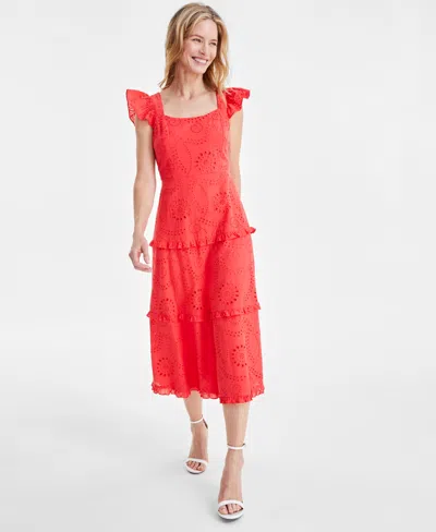 Anne Klein Women's Cotton Scoop-neck Flutter-sleeve Dress In Hibiscus R