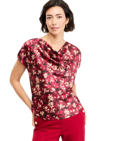 Anne Klein Women's Cowl Neck Floral-print Short Sleeve Blouse In Red