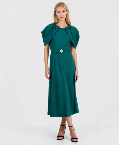Anne Klein Women's Cowled-cold-shoulder Caplet-sleeve Scuba Crepe Dress In Green