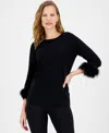Anne Klein Women's Crewneck Feather-trim-cuff Sweater In Anne Black
