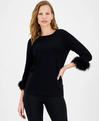Anne Klein Women's Crewneck Feather-trim-cuff Sweater In Anne Black