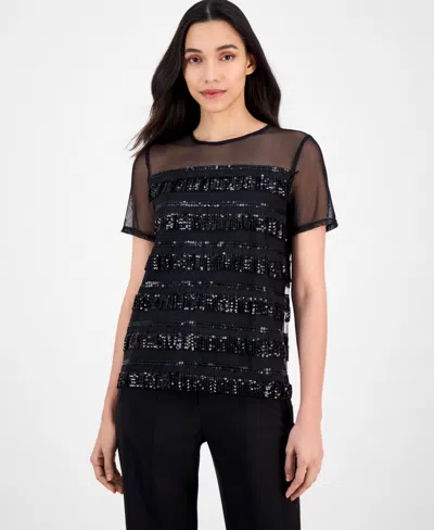 Anne Klein Women's Crewneck Sequin-fringe-trim Top In Black