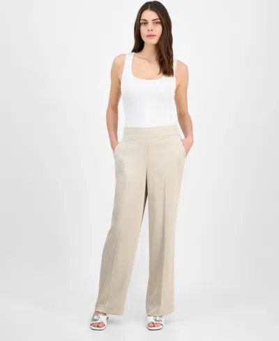 Anne Klein Women's Crinkled Satin Pull-on Wide-leg High Rise Pants In Canvas