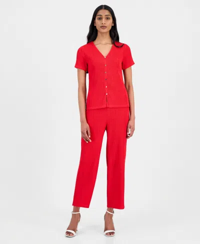 Anne Klein Women's Crinkle-knit Pull-on Wide-leg Pants In Red