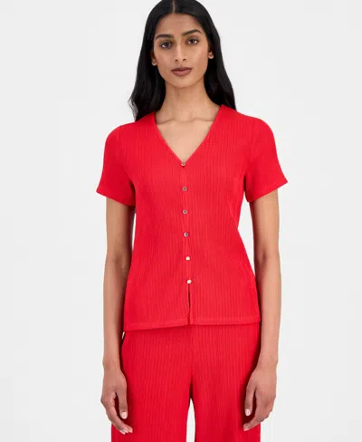 Anne Klein Women's Crinkle-knit Short-sleeve Cardigan In Red