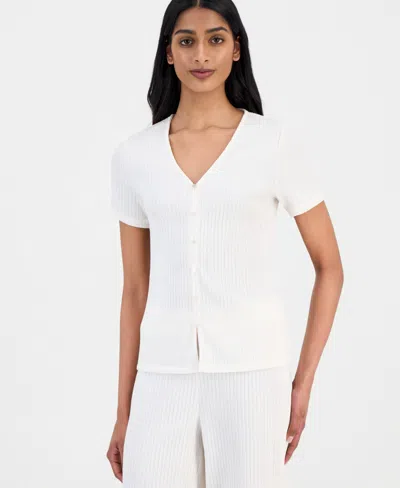 Anne Klein Women's Crinkle-knit Short-sleeve Cardigan In White