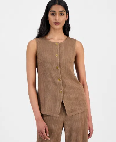 Anne Klein Women's Crinkle-knit Sleeveless Button-front Top In Brown