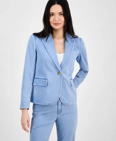Anne Klein Women's Denim Notched Collar One-button Blazer In Huntington Wash