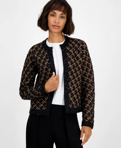 Anne Klein Women's Diagonal Check Kissing-front Cardigan In Multi