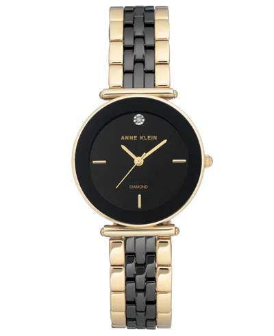 Anne Klein Women's Diamond-accent Gold-tone & Black Ceramic Bracelet Watch 30mm