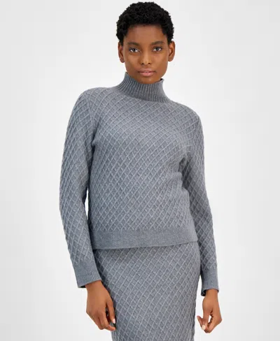 Anne Klein Petite Diamond-stitch Mock-neck Sweater In Graphite Heather Grey