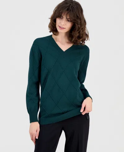 Anne Klein Women's Diamond Knit V-neck Sweater In Green