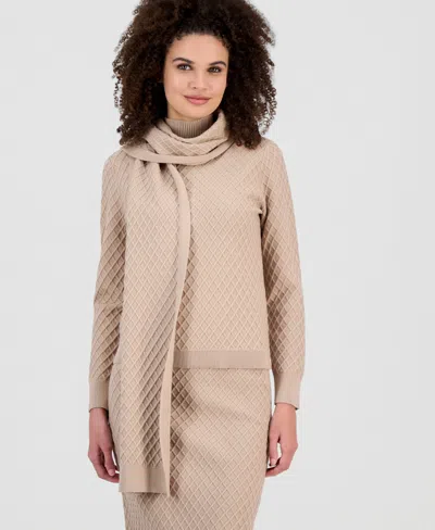 Anne Klein Women's Diamond-stitch Mock Neck Scarf Sweater In Gray