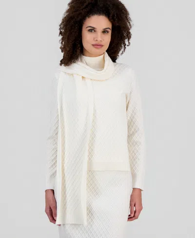 Anne Klein Women's Diamond-stitch Mock Neck Scarf Sweater In White