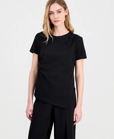 Anne Klein Women's Draped-front Short-sleeve Top In Black