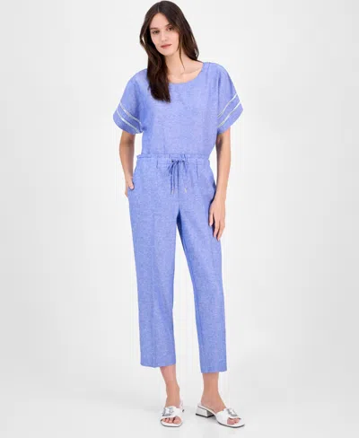 Anne Klein Women's Drawstring-waist Ankle Pants In Santorini Blue,bright White