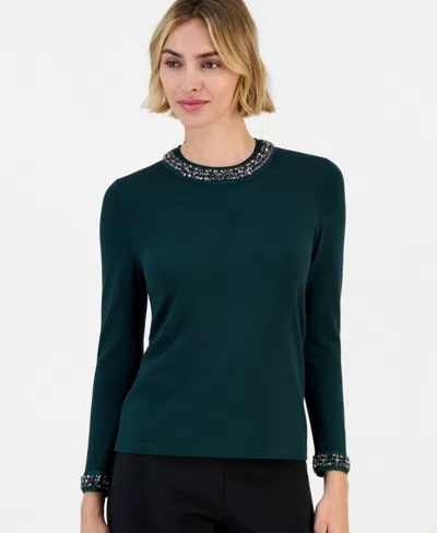 Anne Klein Women's Embellished Crewneck Sweater In Green