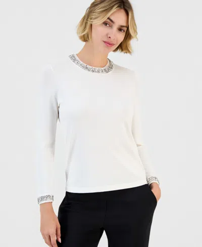Anne Klein Women's Embellished Crewneck Sweater In White