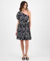 Anne Klein One-shoulder Puff Sleeve Cotton Dress In Multi