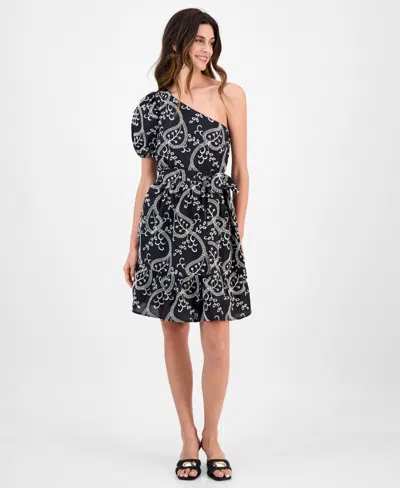 Anne Klein Women's Embroidered Cotton Asymmetric One-shoulder Fit & Flare Dress In Multi