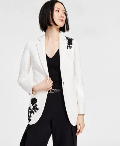 Anne Klein Women's Embroidered Notched-collar Compression Blazer, Created For Macy's In White Dove,anne Black