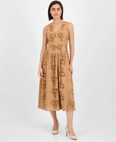 ANNE KLEIN WOMEN'S EMBROIDERED STRING-BELT MIDI DRESS