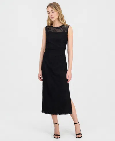 Anne Klein Embroidered Mesh Sleeveless Sheath Dress In Black