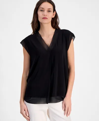Anne Klein Women's Extended-shoulder Mixed-media Top In Anne Black