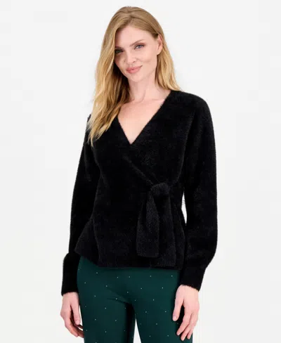 Anne Klein Women's Eyelash Faux Wrap V-neck Long-sleeve Sweater In Black
