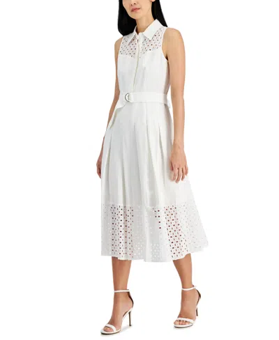 Anne Klein Women's Linen-blend Eyelet-embroidered Belted Pleated Dress In White