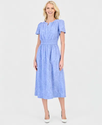 Anne Klein Plus Size Embroidered-eyelet Short-sleeve Midi Dress In Blue