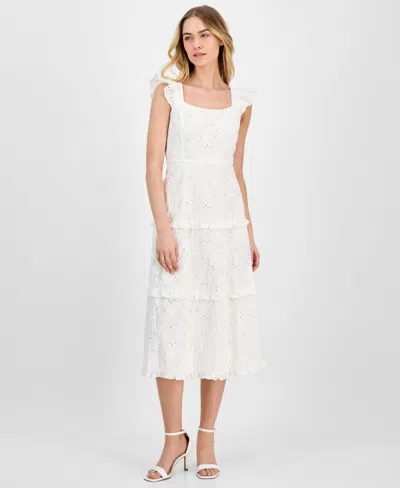 ANNE KLEIN WOMEN'S EYELET SQUARE-NECK TIERED MIDI DRESS