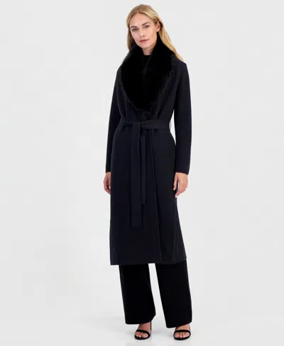 Anne Klein Women's Faux Fur Collar Belted Cardigan In Black