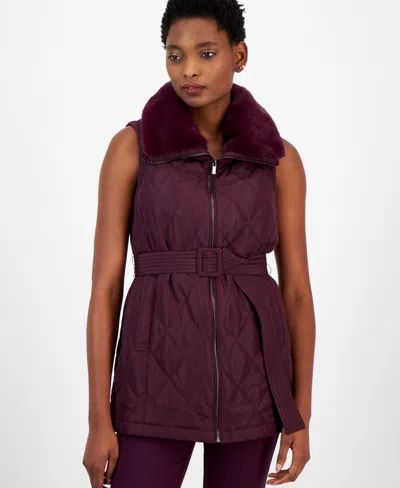 Anne Klein Women's Faux-fur-collar Quilted Vest In Deep Plum