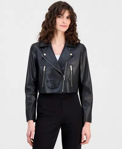 Anne Klein Faux Leather Crop Moto Jacket In Black