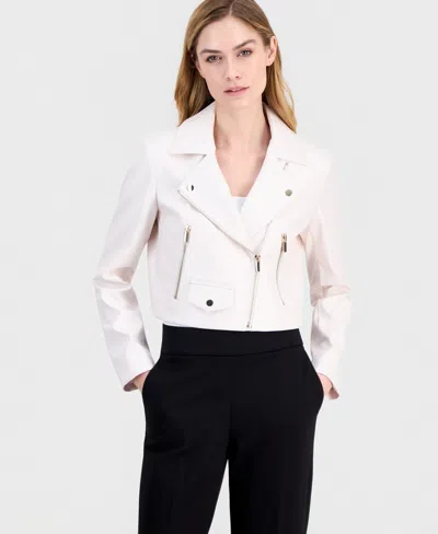 Anne Klein Women's Faux Leather Cropped Moto Jacket In White