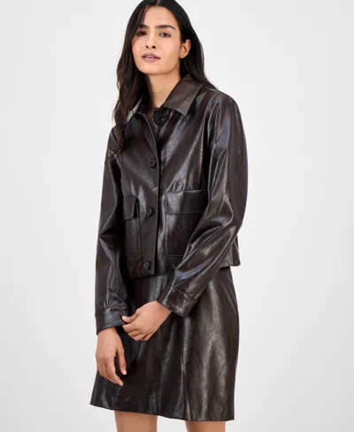 Anne Klein Women's Faux Leather Front-button Jacket In Brown