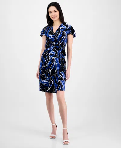 ANNE KLEIN WOMEN'S FAUX-WRAP FLUTTER-SLEEVE PRINT DRESS