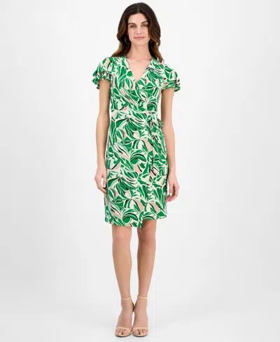ANNE KLEIN WOMEN'S FAUX-WRAP FLUTTER-SLEEVE PRINT DRESS