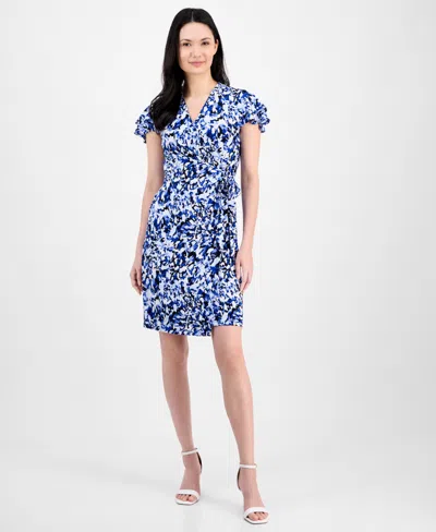 ANNE KLEIN WOMEN'S FAUX-WRAP FLUTTER-SLEEVE PRINT DRESS