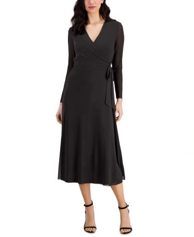 Anne Klein Women's Faux-wrap Mesh-sleeve Midi Dress In Anne Black