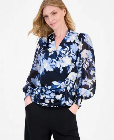 Anne Klein Women's Faux-wrap Smocked-cuff Top In Blue