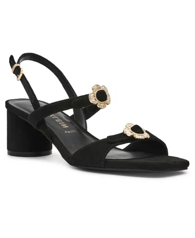 Anne Klein Women's Felipa Flower Embellished Block Heel Dress Sandals In Black Suede