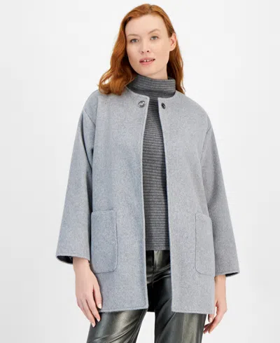 Anne Klein Womens Felted Collarless Jacket Mock Neck Sweater Metallic Faux Leather Pants In Gunmetal