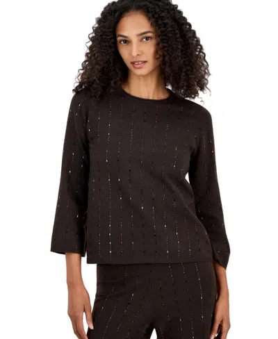 Anne Klein Women's Fitted Crewneck 3/4-sleeve Pullover Sweater In Brown
