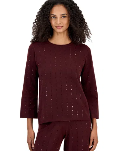Anne Klein Women's Fitted Crewneck 3/4-sleeve Pullover Sweater In Burgundy