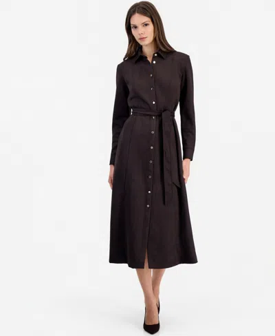 Anne Klein Women's Fitted Midi Tie-belt Shirt Dress In Brown