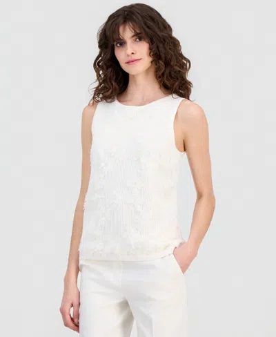 Anne Klein Women's Floral-applique Sleeveless Tank Sweater In White
